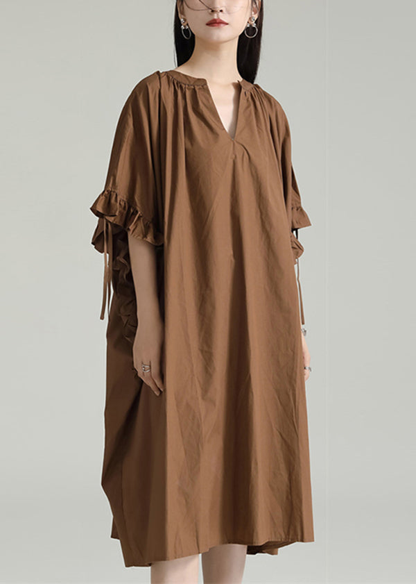 Coffee V Neck Ruffled Drawstring Patchwork Cotton Dresses Summer