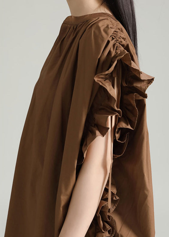 Coffee V Neck Ruffled Drawstring Patchwork Cotton Dresses Summer