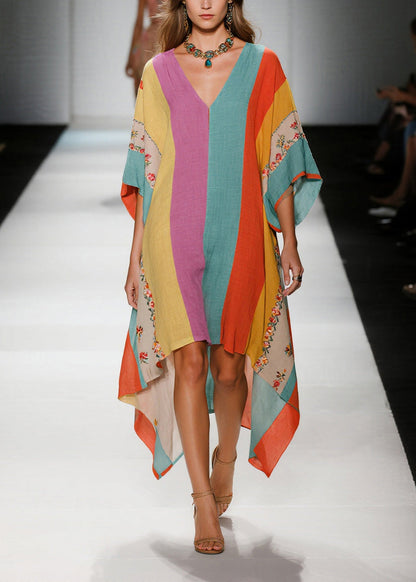 Colorblock Asymmetrical Striped Cotton Dresses Summer