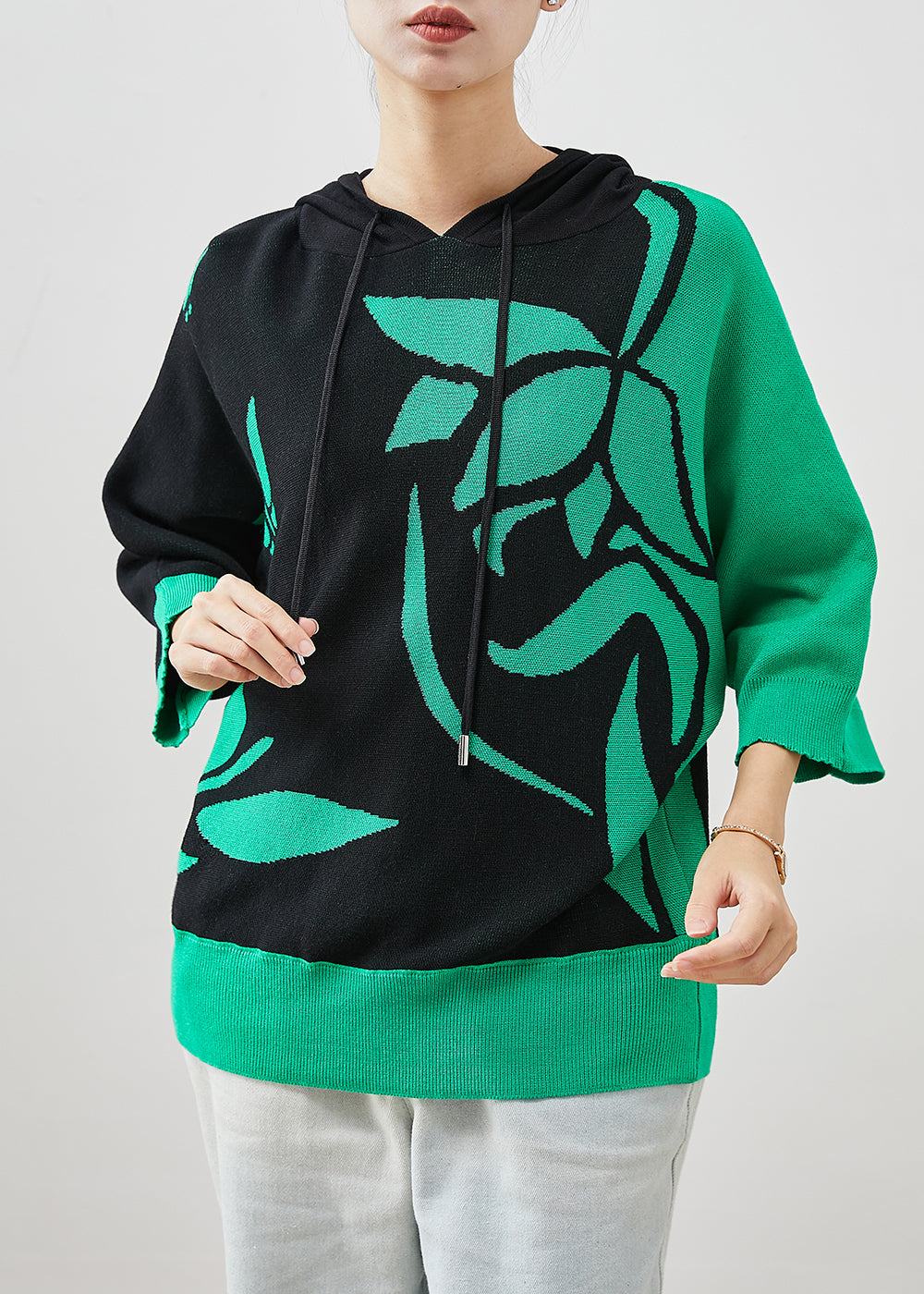 Colorblock Hooded Print Knit Pullover Sweatshirt Spring
