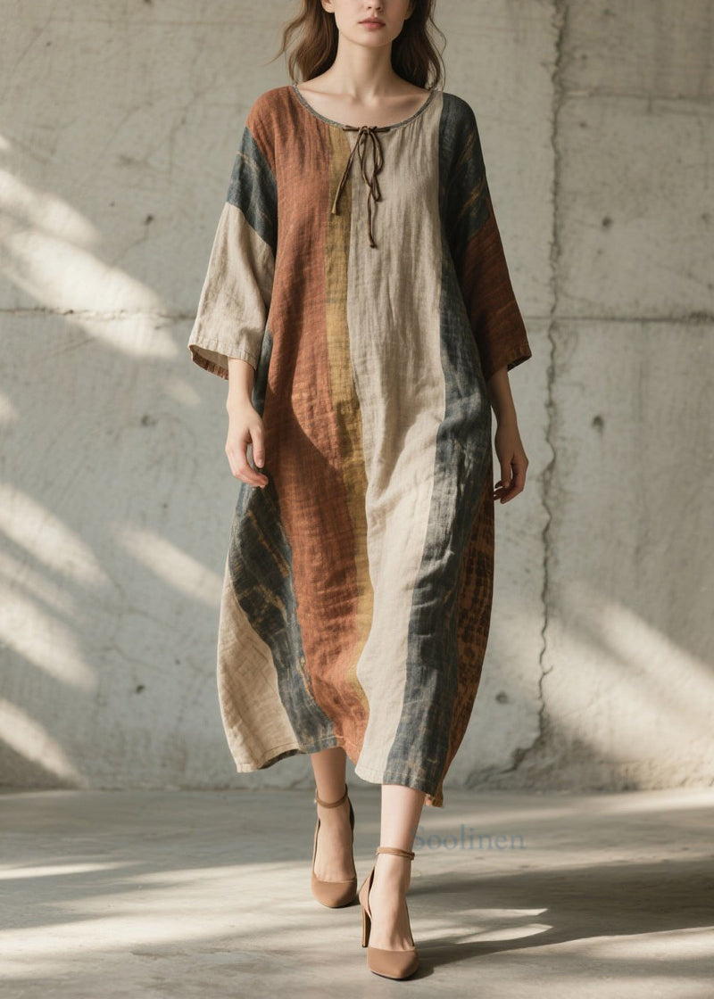 Colorblock O Neck Cotton Long Dress Summer