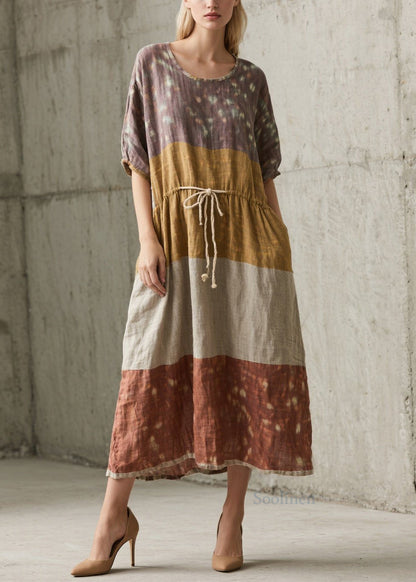 Colorblock O Neck Lace Up Cotton Long Dress Summer