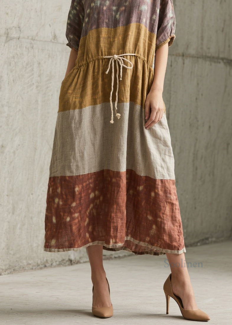 Colorblock O Neck Lace Up Cotton Long Dress Summer