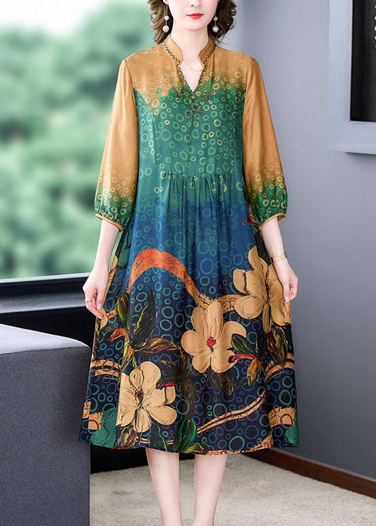 Colorblock Print Wrinkled Silk a Line Dresses Bracelet Sleeve
