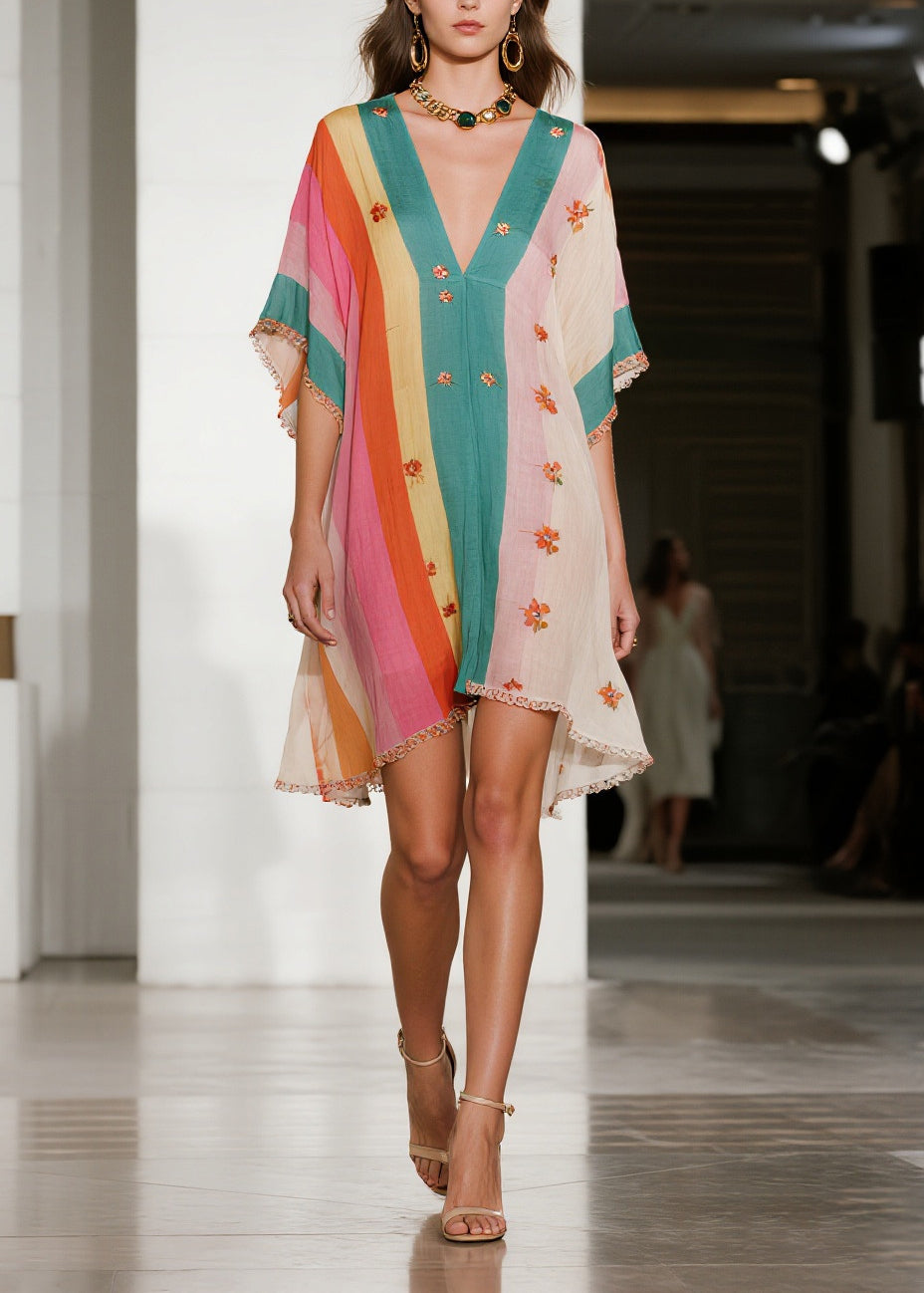 Colorblock Ruffled Striped Cotton Mini Dress Summer