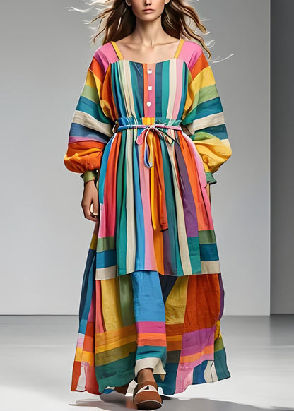 Colorblock Square Collar Tie Waist Patchwork Cotton Dress Long Sleeve