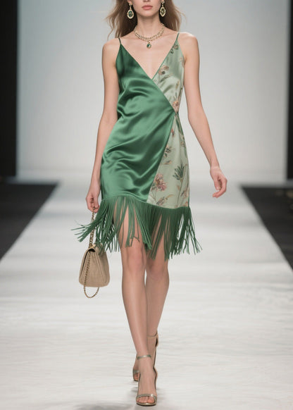 Colorblock Tassel Print Silk Spaghetti Strap Dresses Summer