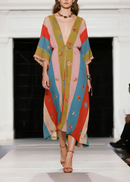 Colorblock Tie Waist Print Cotton Long Dress Summer
