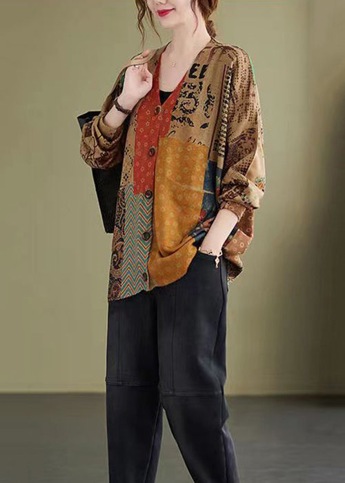 Colorblock V Neck Button Knitting Cotton Coat Fall