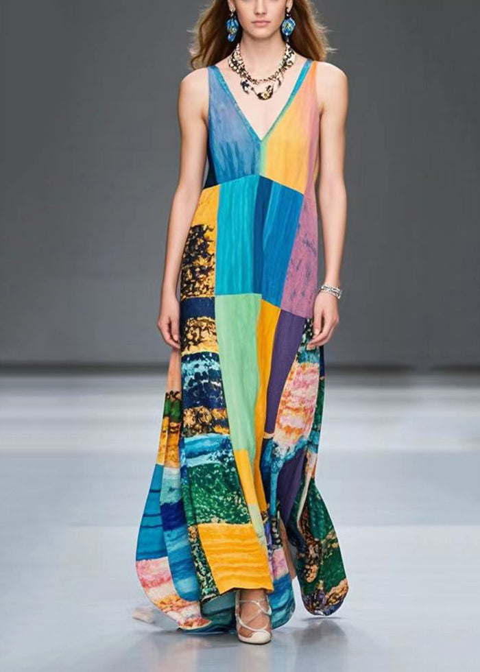 Colorblock V Neck Patchwork Chiffon Robe Dresses Summer