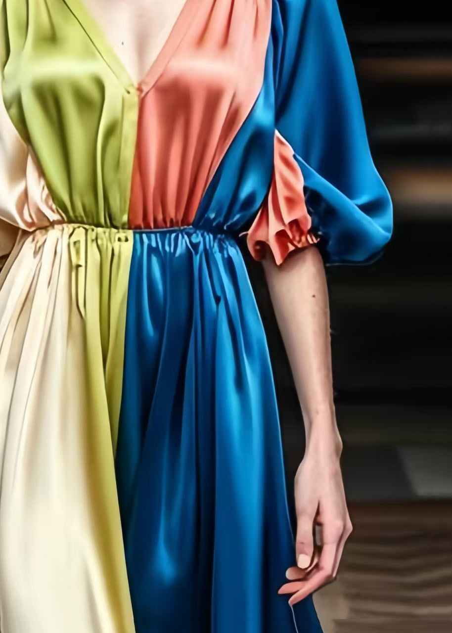 Colorblock V Neck Patchwork Draping Silk Dress Summer