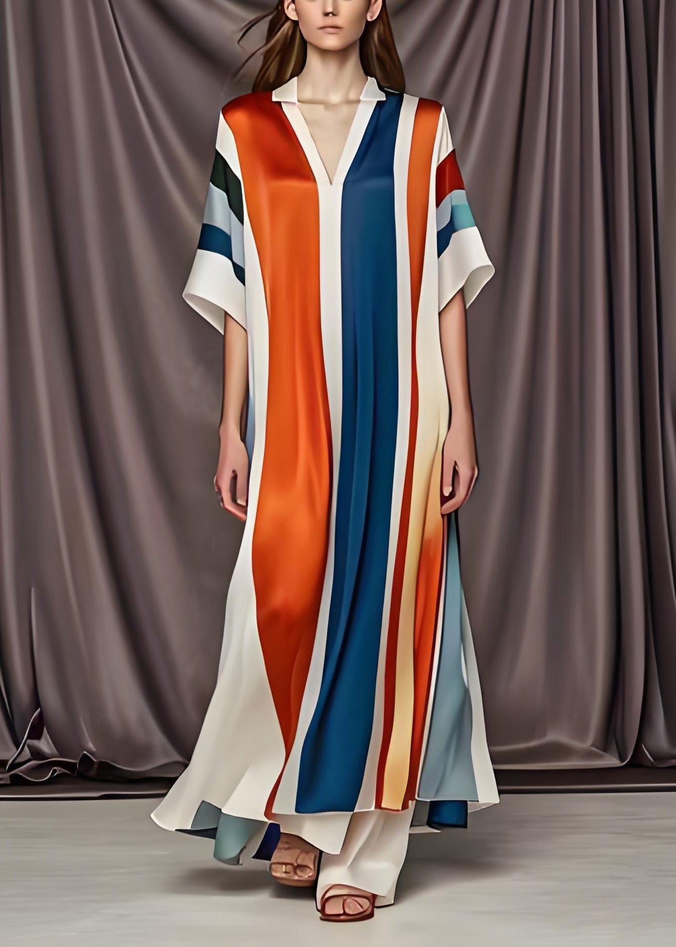 Colorblock V Neck Patchwork Silk Maxi Dress Summer