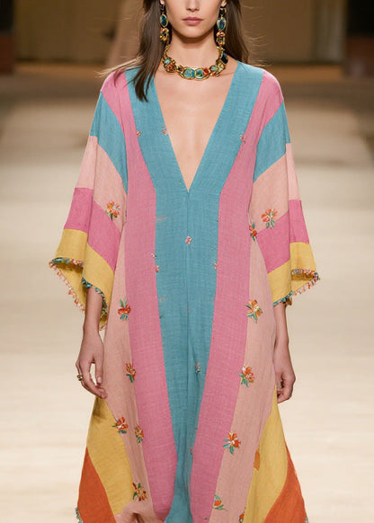 Colorblock V Neck Print Cotton Dress Summer