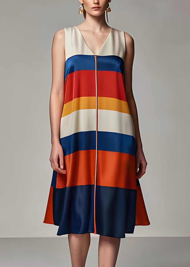 Colorblock V Neck Striped Silk Dresses Sleeveless