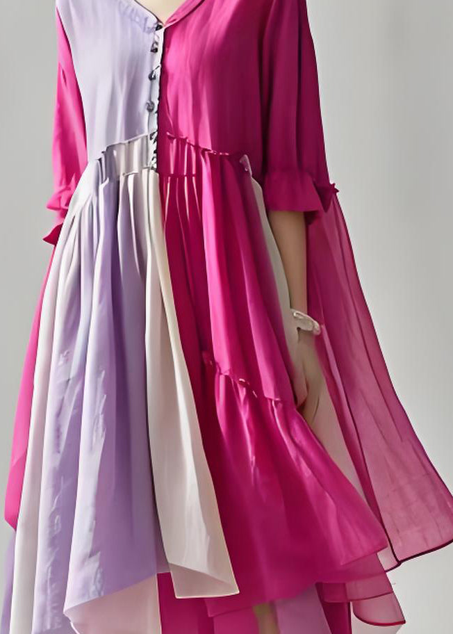 Colorblock V Neck Wrinkled Patchwork Cotton Dresses Summer
