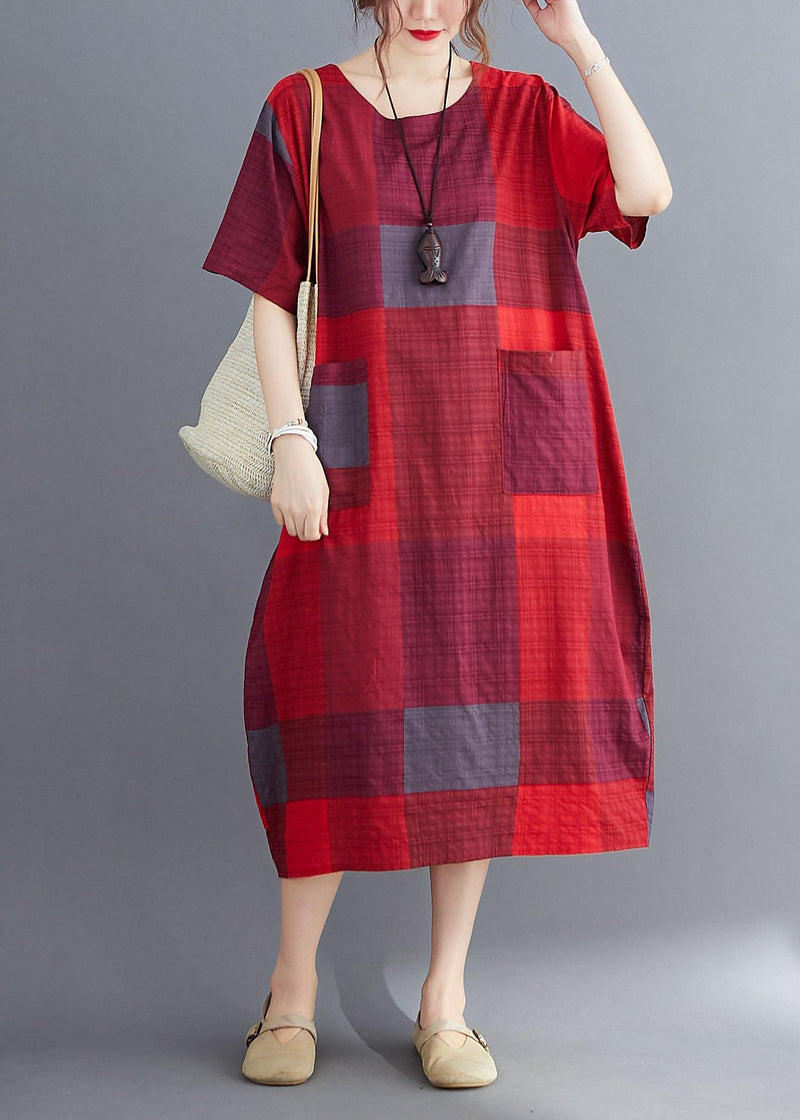 Corron Linen Red O Neck Plaid Summer Maxi Dresses