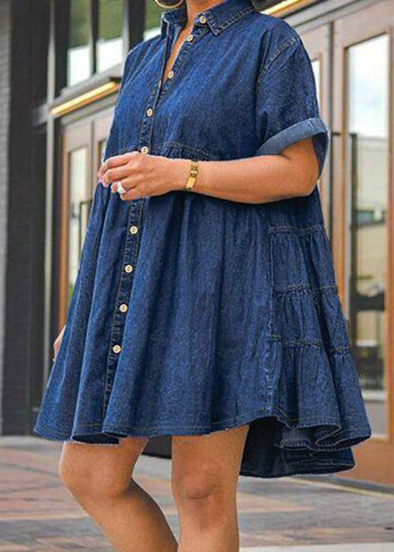 Dark Blue Peter Pan Collar Patchwork Mid Dresses Short Sleeve
