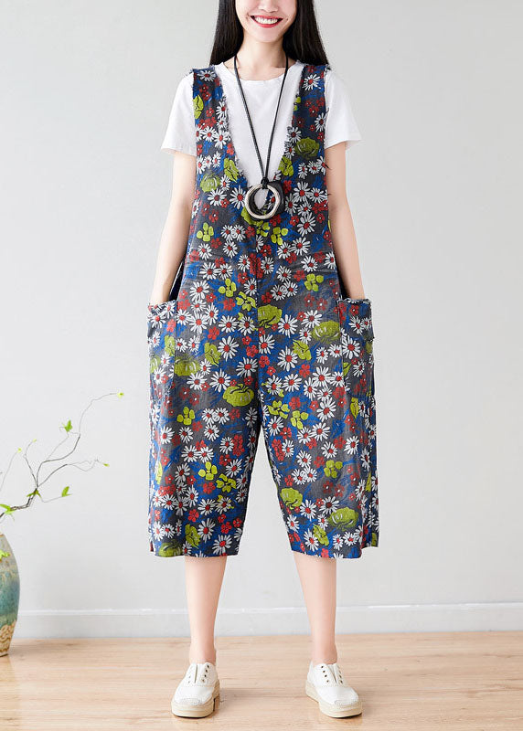 Dark Grey V Neck Print Pockets Cotton Overalls Jumpsuit Summer
