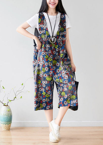Dark Grey V Neck Print Pockets Cotton Overalls Jumpsuit Summer