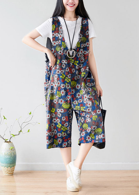 Dark Grey V Neck Print Pockets Cotton Overalls Jumpsuit Summer