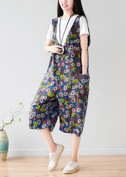 Dark Grey V Neck Print Pockets Cotton Overalls Jumpsuit Summer