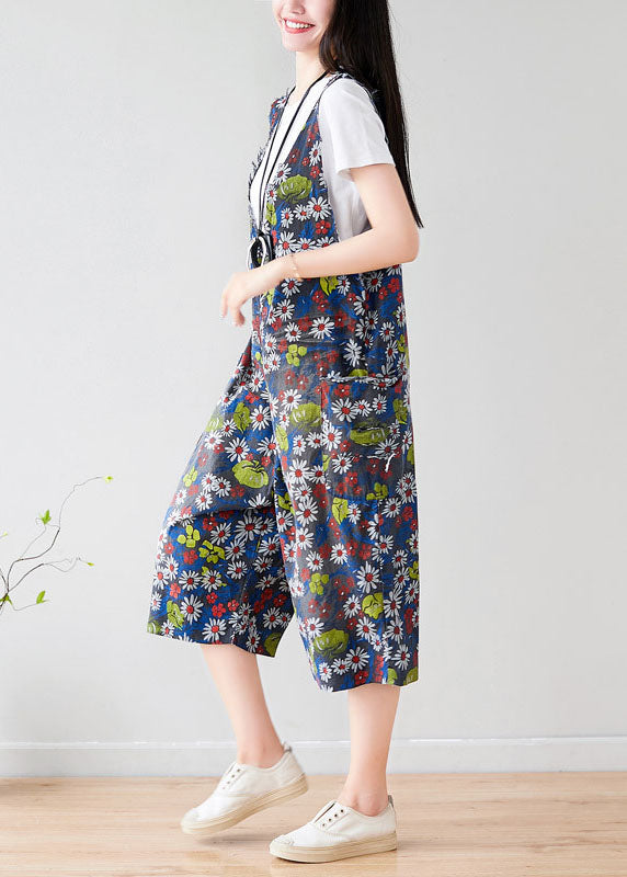 Dark Grey V Neck Print Pockets Cotton Overalls Jumpsuit Summer