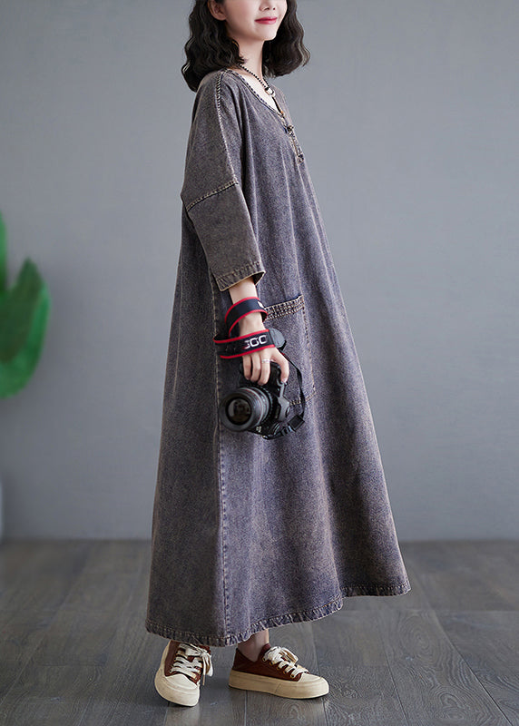 Deep Purple O Neck Pockets Denim Long Dress Bracelet Sleeve