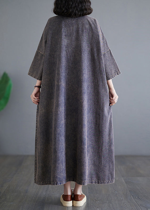 Deep Purple O Neck Pockets Denim Long Dress Bracelet Sleeve