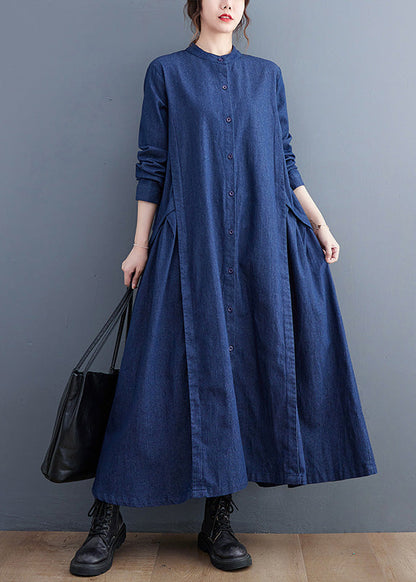 Denim Black Stand Collar Patchwork Wrinkled Button Ankle Shirts Dress Long Sleeve