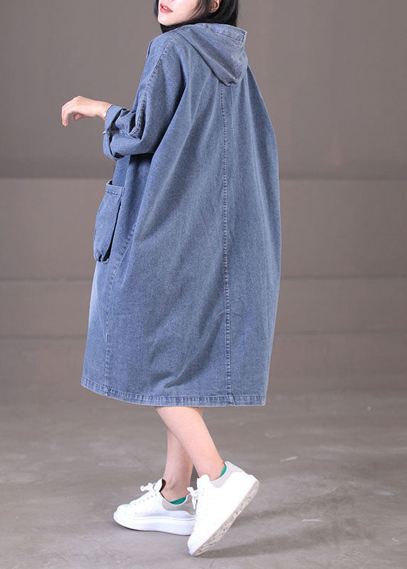 Denim Blue Hooded Pockets Cotton Long Dress Long Sleeve