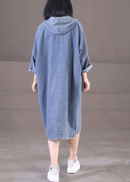 Denim Blue Hooded Pockets Cotton Long Dress Long Sleeve