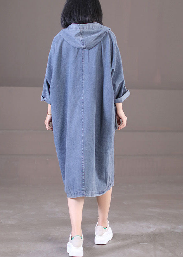 Denim Blue Hooded Pockets Cotton Long Dress Long Sleeve