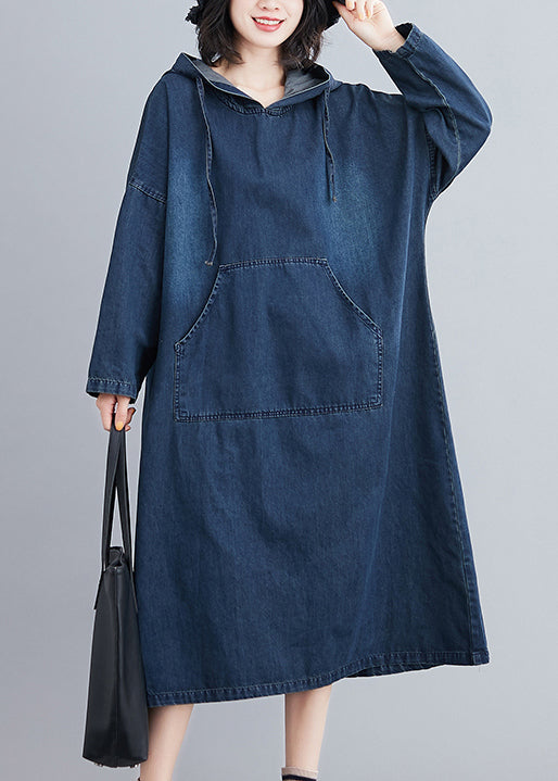 Denim Blue Hooded Pockets Denim Long Dress Fall