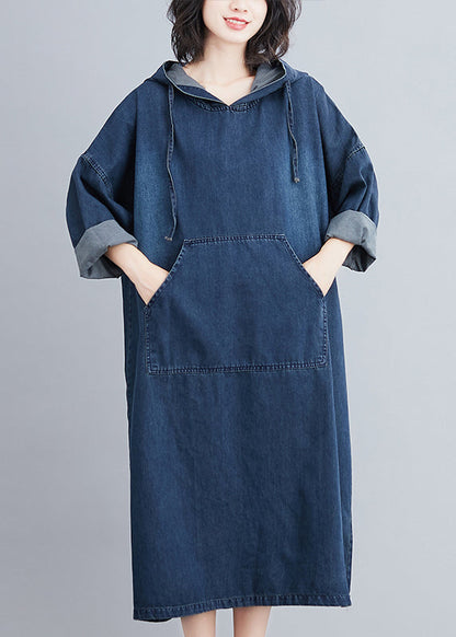 Denim Blue Hooded Pockets Denim Long Dress Fall