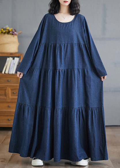 Denim Blue O-neck Wrinkled Patchwork Long Dresses Fall