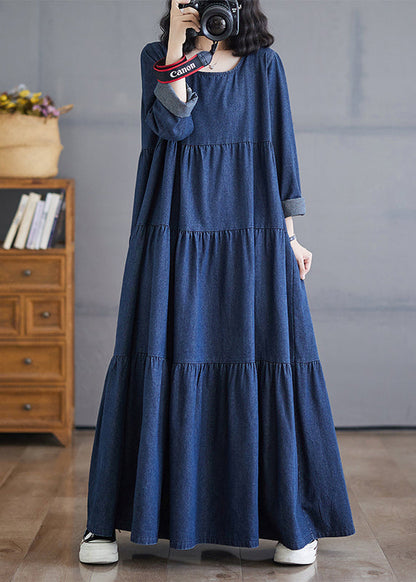 Denim Blue O-neck Wrinkled Patchwork Long Dresses Fall