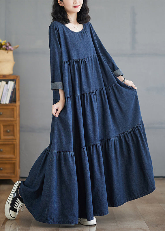 Denim Blue O-neck Wrinkled Patchwork Long Dresses Fall