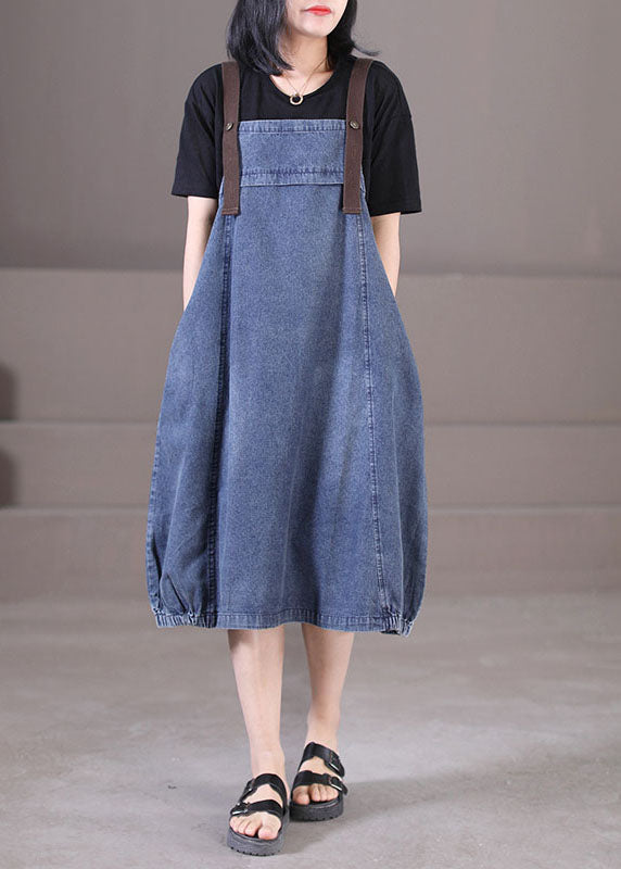 Denim Blue Original Design Cotton Strap Long Dresses Summer
