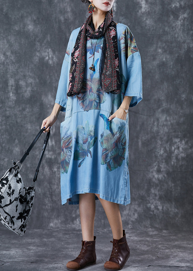 Denim Blue Oversized Print Cotton Robe Dresses Fall