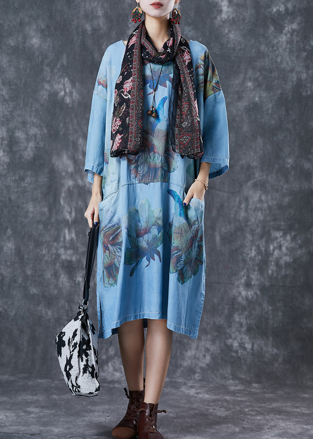 Denim Blue Oversized Print Cotton Robe Dresses Fall