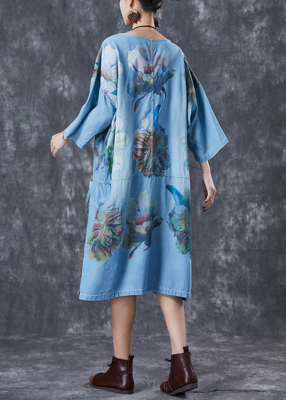 Denim Blue Oversized Print Cotton Robe Dresses Fall