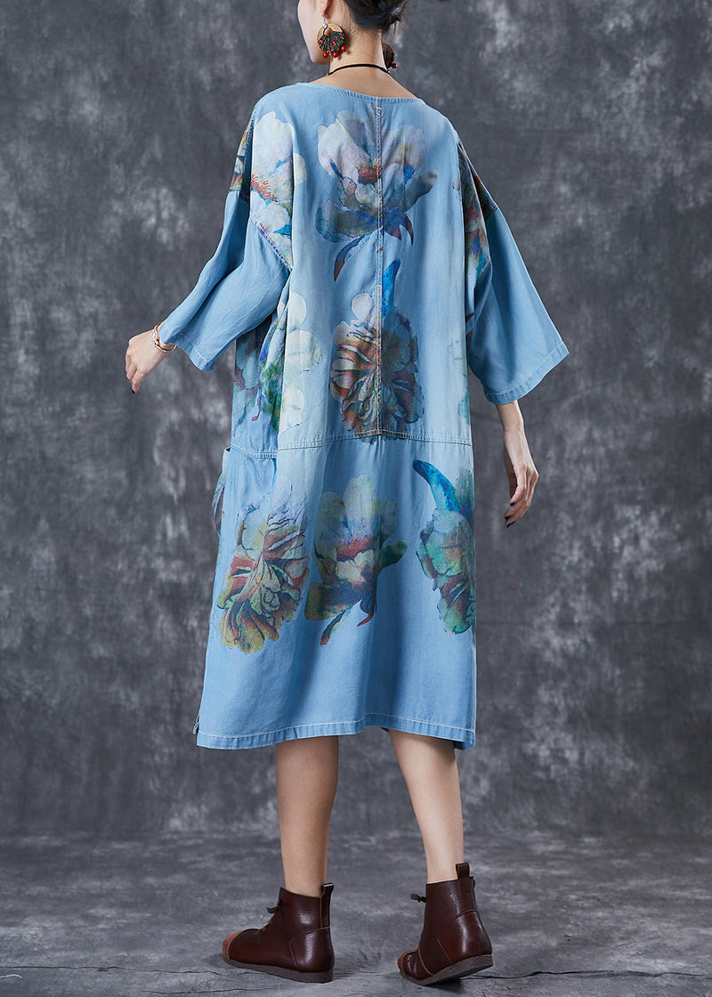 Denim Blue Oversized Print Cotton Robe Dresses Fall