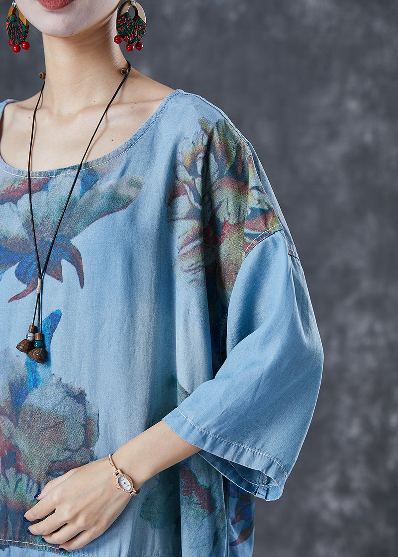 Denim Blue Oversized Print Cotton Robe Dresses Fall