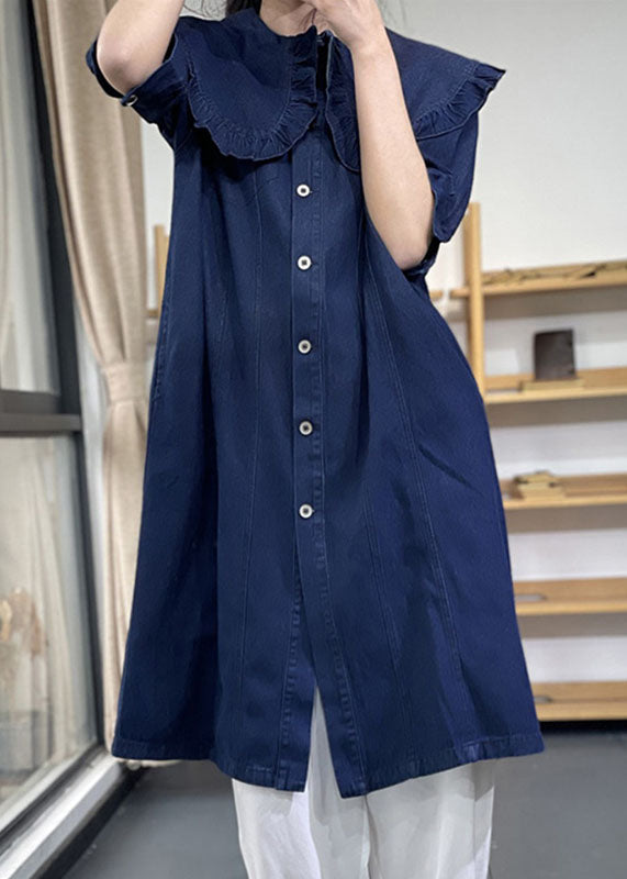 Denim Blue Peter Pan Collar Ruffled Cotton Vacation Dresses Short Sleeve
