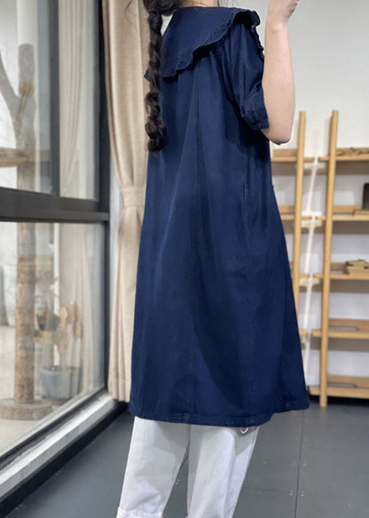 Denim Blue Peter Pan Collar Ruffled Cotton Vacation Dresses Short Sleeve