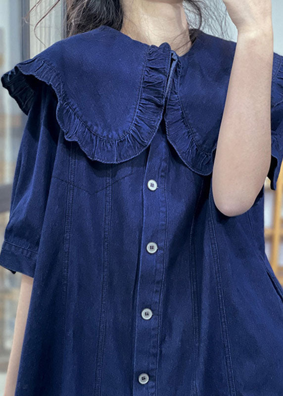 Denim Blue Peter Pan Collar Ruffled Cotton Vacation Dresses Short Sleeve