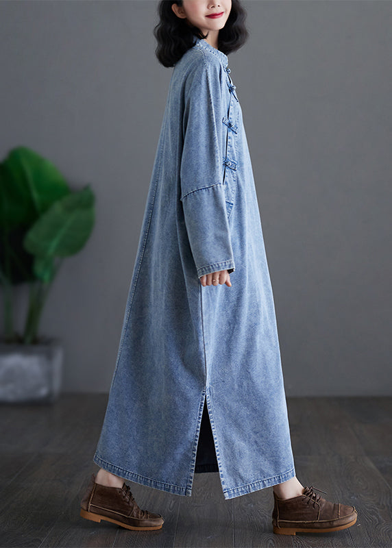 Denim Blue Stand Collar Patchwork Button Side Open Maxi Dresses Spring