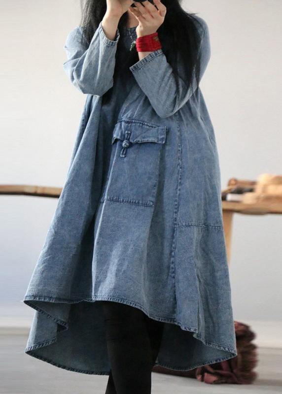 Denim Blue U Neck Dress Large Hem Spring Mid Dress