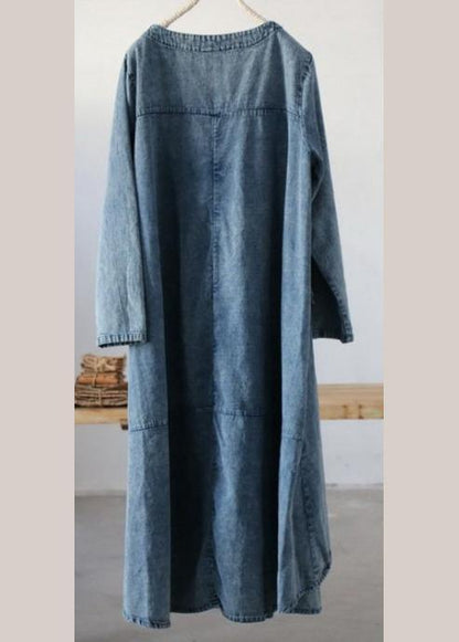 Denim Blue U Neck Dress Large Hem Spring Mid Dress