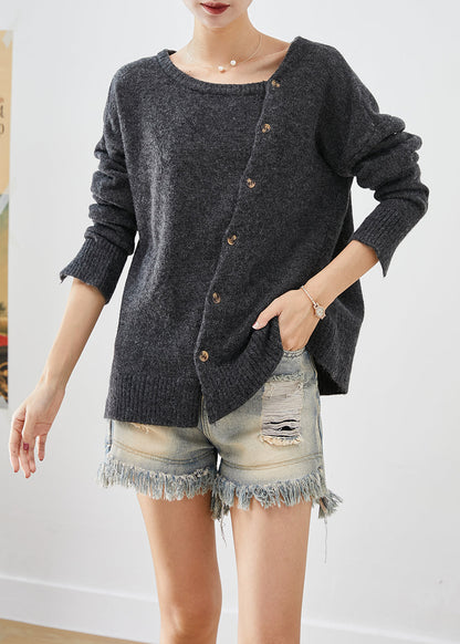 Dull Grey Asymmetrical Patchwork Button Knit Pullover Fall